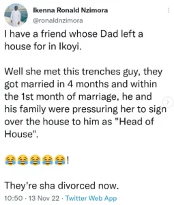 Lady dumps her husband for insisting she signs off her inheritance to him barely a month after they got married
